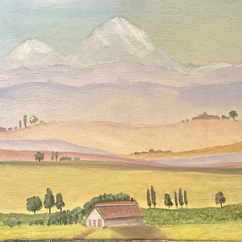 Hand Crafted Pastoral Landscape Painting with Green and Yellow Hues